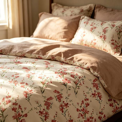 Vintage Floral Comforter Set Queen Size, Cottagecore Soft Microfiber Bedding Set with Retro Flowers Pattern, 3Pieces All Season Lightweight Summer Comforter Set for Girls