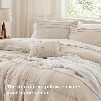 Bedsure Queen Comforter Set - 4 Pieces Pinch Pleat Bed Set, Linen Boho Bedding for All Season, 1 Soft Comforter, 2 Pillowcases, 1 Decorative Pillow