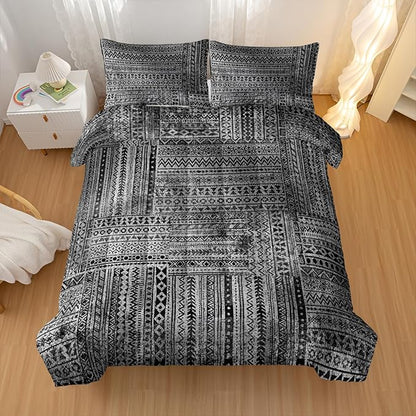 Grey Splicing Comforter Sets Full Size, Bohemian Geometric Bedding Set for Your Room, Abstract Soft Lightweight Quilted Set All Season, 1 Comforter and 2 Pillowcases