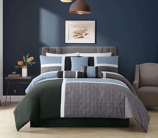 Chezmoi Collection Upland 7-Piece Quilted Patchwork Comforter Set, Gray/Light Blue/Charcoal, King
