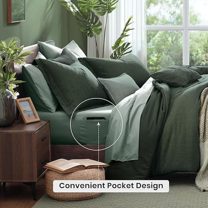 Monbix Super King Plus Comforter Set, Deep Forest Cationic Dyeing Bedding Set Reversible, Bed in a Bag 7 Pieces with Comforter, Sheets, Pillowcases & Shams