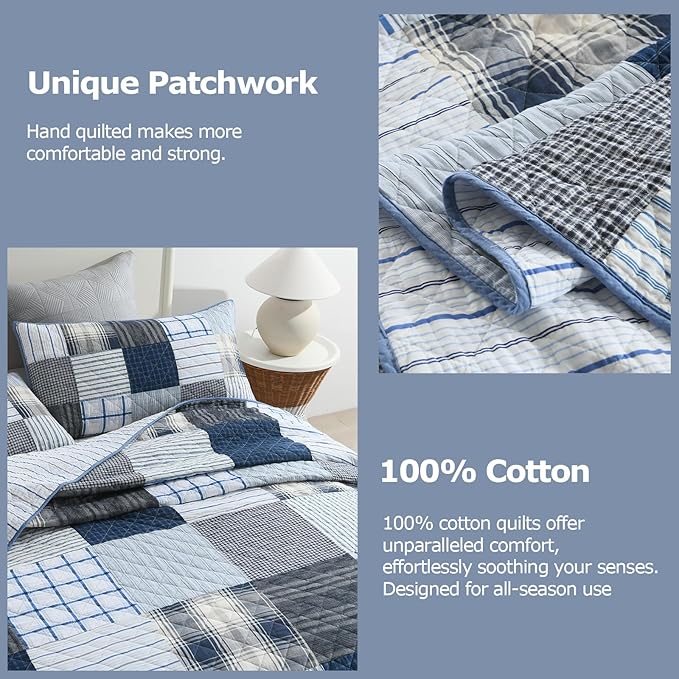 DURLENGEN Blue & Grey Patchwork 100% Cotton Queen Quilt 3Pcs,Patchwork Blue & Grey Pattern on White,Luxury Lightweight Coverlet Sets for All Season(Queen 90x96,Blue & Grey Patchwork)