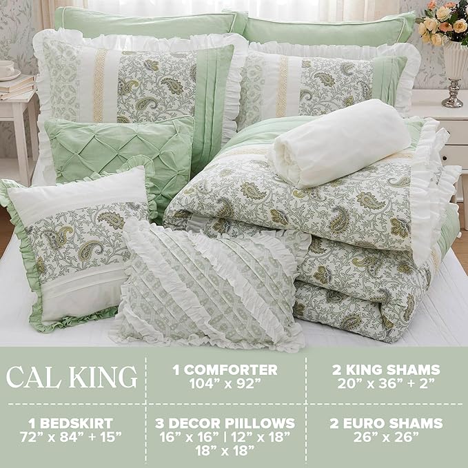 Madison Park Cal King Comforter Set Cottage Cotton Comforter for Cal King Size Bed, All Season, Lightweight Cal King Cotton Bedding Include Shams, Bedskirt & Décor Pillows, Dawn, Sage Green 9 Piece