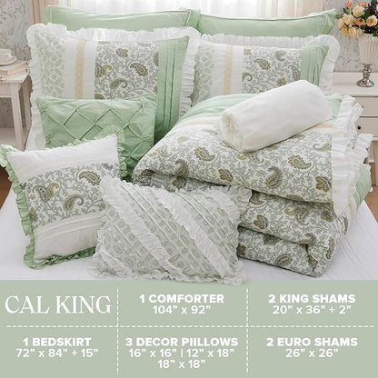 Madison Park Cal King Comforter Set Cottage Cotton Comforter for Cal King Size Bed, All Season, Lightweight Cal King Cotton Bedding Include Shams, Bedskirt & Décor Pillows, Dawn, Sage Green 9 Piece