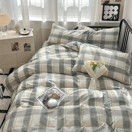 LifeTB Green Plaid Duvet Cover Full Soft Cotton Grid Plaid Bedding Set Geometric Checkered Gingham Comforter Cover for Men Boys Modern Style Plaid Comforter Cover 1 Duvet Cover with 2 Pillowcases