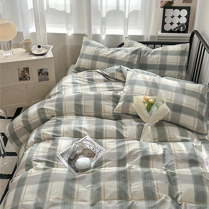 EAVD Green Plaid Duvet Cover Twin Size Boy Girl Soft 100% Cotton 3-Piece Farmhouse Grid Checkered Gingham Bedding Set with 2 Pillowcases Modern Geometric Plaid Comforter Cover with Zipper Closure