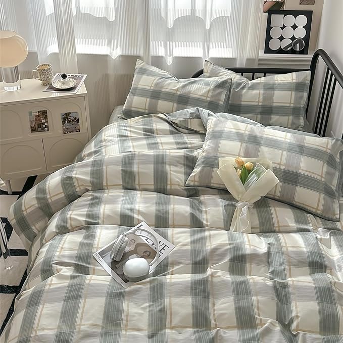EAVD Green Plaid Duvet Cover Set Queen Soft 100% Cotton Farmhouse Grid Checkerd Gingham Bedding Set with 2 Pillowcases Modern Geometric Plaid Comforter Cover with Zipper Closure for Women Men