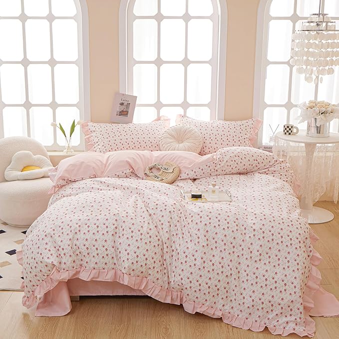 HighBuy Pink Floral Queen Comforter Set Ruffled Coquette Cottagecore Bedding Comforter for Women Girl Lightweight Fluffy Flower Comforter Set 1 Pink Striped Comforter with 2 Pillowcases