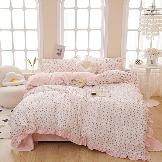 HighBuy Pink Floral Queen Comforter Set Ruffled Coquette Cottagecore Bedding Comforter for Women Girl Lightweight Fluffy Flower Comforter Set 1 Pink Striped Comforter with 2 Pillowcases