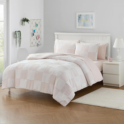 Kids Comforter Set Bedding Set Bed in a Bag for Boys and Girls Toddlers Printed Sheet Set and Comforter, Full, Chenille Checkered Blush Pink