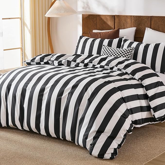 Merryword Black and White Striped Duvet Cover Set Queen Size - 100% Cotton Duvet Cover Set with Zipper Closure & 8 Corner Ties, 3-Piece Luxury Linen Like Bedding Set for All Seasons