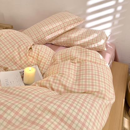 Vintage Pink Plaid Duvet Cover Queen 100% Cotton Muslin Gingham Duvet Cover Pink Green Plaid Checkered Grid Bedding Set Linen Like Gauze Comforter Cover Soft Breathable Gingham Bedding Set Queen