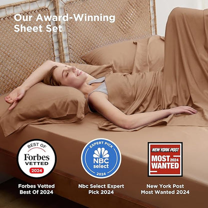 Bedsure California King Sheet Sets, Cooling Sheets for Hot Sleepers, Rayon Derived from Bamboo, PureWoven, Breathable & Soft, Deep Pocket Up to 16", Hotel Luxury Silky Bedding for Hot Sleepers, Khaki
