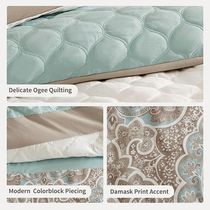 510 DESIGN Luxe Quilted Comforter Set Modern Transitional Design, All Season Down Alternative Warm Bedding Matching Shams, Bedskirt, Decorative Pillow, King, Shawnee Scrollwork Seafoam