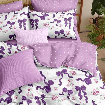 Purple Bow Comforter Set Full Size for Girls, 3Pcs Ribbon Bowknot Bedding for Kids Dreamy Priness Girly Bedroom Decor, Puple Floral Comforter Set with 2 Pillowcases, 79"x90"
