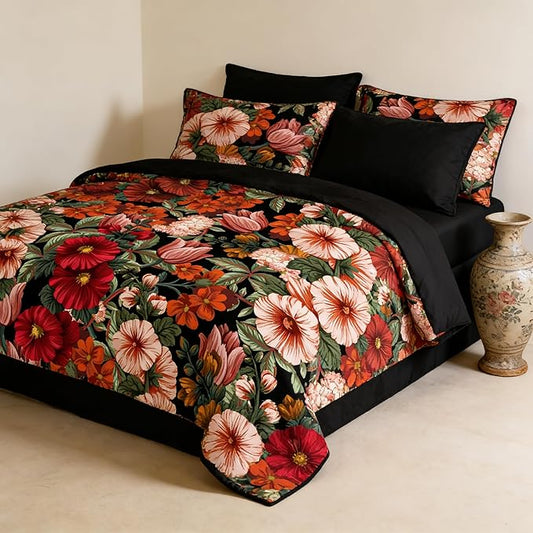 Black Floral Comforter Set Queen Size, Tropical Vintage Botanical Bedding Set for Women - 3 Pieces Soft Fluffy Microfiber Comforter with 2 Pillowcases, 90"x90"