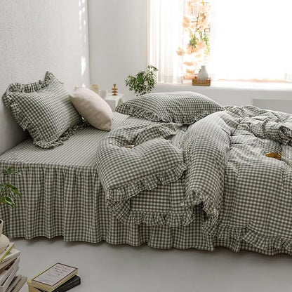 mixinni Green Gingham Ruffle Duvet Cover Queen Size 3 Pieces – 100% Washed Cotton, Vintage Plaid Ruffled Bedding Set with Zipper Ties, Soft Checkered Grid Farmhouse Chic Comforter Cover Set