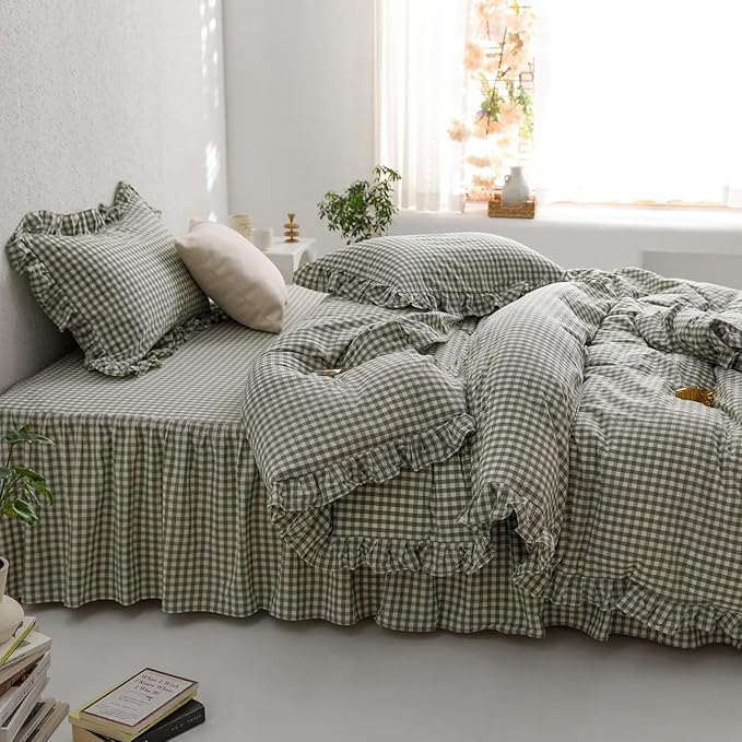 mixinni Green Gingham Ruffle Duvet Cover Twin XL Size 3 Pieces – 100% Washed Cotton, Vintage Plaid Ruffled Bedding Set with Zipper Ties, Soft Checkered Grid Farmhouse Chic Comforter Cover Set