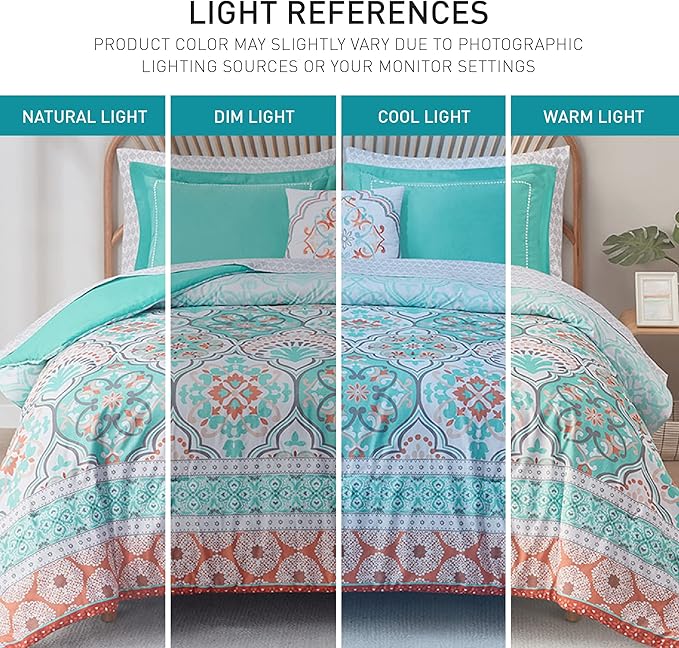 Degrees of Comfort Full Size Comforter Sets with Sheets Floral, Aqua Boho Complete Bedding Set for Teen Girls, Microfiber 8 Piece Bed in a Bag with Side Pockets, Matching Decorative Pillow