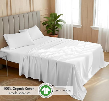 RUVANTI 100% Organic Cotton Sheets Full Size, Percale Weave, GOTS Certified, 4-Piece Set, Deep Pocket 15", Crisp & Breathable, Soft Durable Bedding, Sábanas Algodón Orgánico – Bright White