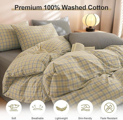EAVD Modern Gingham Duvet Cover King Soft Washed Cotton Yellow Blue Grid Plaid Bedding Set with 2 Pillowcases Farmhouse Reversible Plaid Checkered Duvet Cover with Zipper Closure