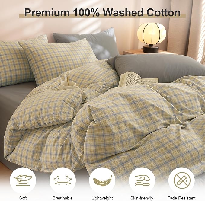 EAVD Modern Gingham Duvet Cover Twin Size Soft Washed Cotton Yellow Blue Grid Plaid Bedding Set with 2 Pillowcases Farmhouse Reversible Plaid Checkered Duvet Cover with Zipper Closure