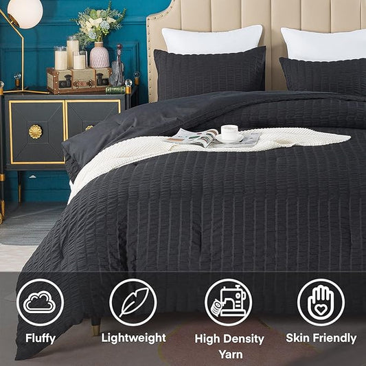 AveLom Black Seersucker California King Comforter Set (104x96 inches), 3 Pieces-100% Soft Washed Microfiber Lightweight Comforter with 2 Pillowcases, All Season Down Alternative Bedding Set