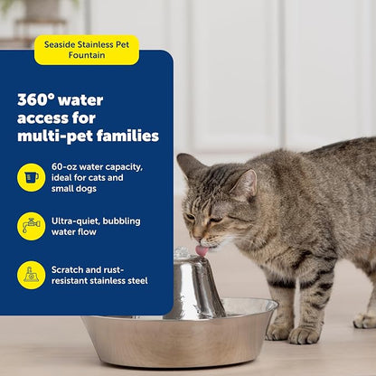 PetSafe Seaside Stainless Cat & Dog Fountain, 60 oz, 2 Filters & Pump | 60 Oz Capacity, 360-Degree Flow, Triple-Filter with 2.5x More Activated Carbon, Scratch/Rust-Resistant Stainless Steel