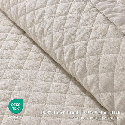 Grassix Linen Quilt Set King Size 3-Piece, 100% Linen Front & Cotton Back, Prewashed Diamond Stitch Bedspread with 2 Shams, Lightweight Breathable Quilt for Hot Sleepers, Modern Farmhouse Bedding
