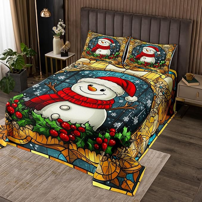 Cartoon Snowman Kid Bedspread Twin Size,Merry Christmas Happy New Year Snowflake Coverlet Set,Boys Girls Room Decor,Poinsettia Flower Plaids Quilted Coverlet,Xmas Cute Bedding Quilt,1 Pillowcase