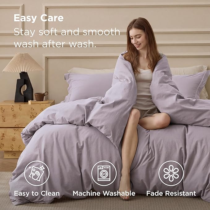 Bedsure 100% Washed Cotton Duvet Cover King Size - Lavender Minimalist Bedding Set Linen Like - PureWoven Plain Simple & Soft Comforter Cover for All Seasons (Lavender, King, 104"x90")