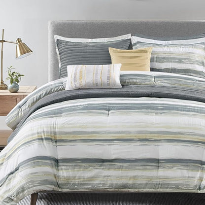 Madison Park Marina Comforter Quilt Combo Set - Modern Luxury Design, All Season Down Alternative Bedding, Matching Shams, Decorative Pillows, Full/Queen(90"x90"), Yellow 8 Piece