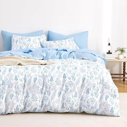 Wake In Cloud - Floral Duvet Cover Set, Botanical Vintage Flower Coquette Cottagecore Aesthetic for Women Teen Girls, Soft Lightweight Bedding, 3-Piece, Blue, Queen Size