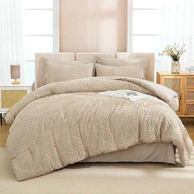 Andency Khaki Full Size Comforter Set with Sheets - 7 Pieces Bed in a Bag Boho Tufted Bedding Sets Fluffy Lightweight Full Bed Set with Comforter, Sheets, Pillowcases & Shams for All Season