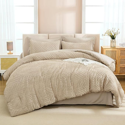 Andency Khaki Super King Plus Size Comforter Set with Sheets - 7 Pieces Bed in a Bag Boho Tufted Bedding Sets Fluffy Lightweight Oversized King Bed Set with Comforter, Sheets, Pillowcases & Shams