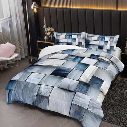 Blue Gray Checkered Comforter Set Twin 3D Grid Bedding Sets 3PCS for Kids Teen Adult Boy Room Decor Ultra-Soft Lightweight Microfiber 1 Comforter with 2 Pillowcases