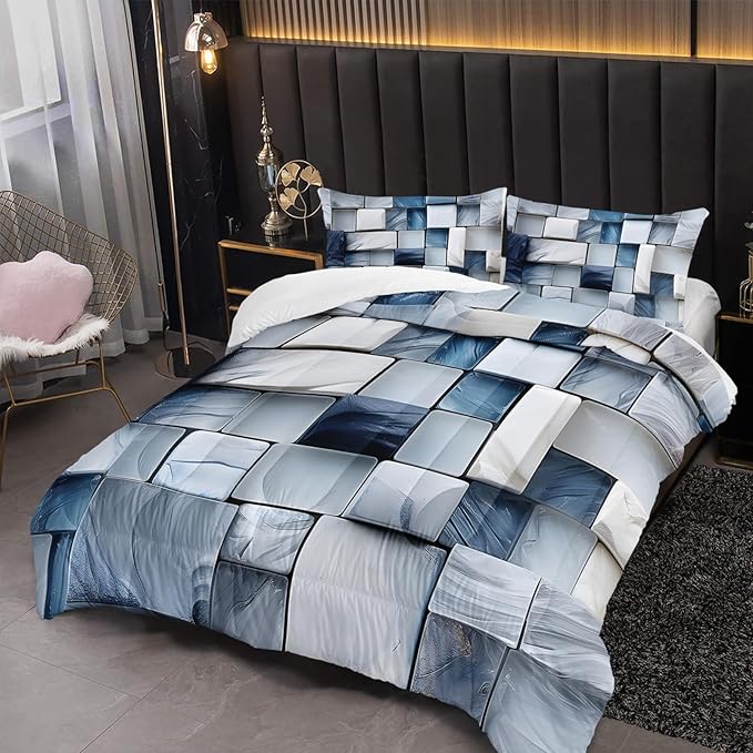 Blue Gray Checkered Comforter Set Queen 3D Grid Bedding Sets 3PCS for Kids Teen Adult Boy Room Decor Ultra-Soft Lightweight Microfiber 1 Comforter with 2 Pillowcases