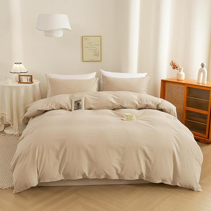 ECOCOTT 100% Washed Cotton Duvet Cover Super King Size – Soft & Breathable Linen Feel Bedding Set, 3 Pieces Khaki Comforter Cover with Zipper Closure for All Seasons