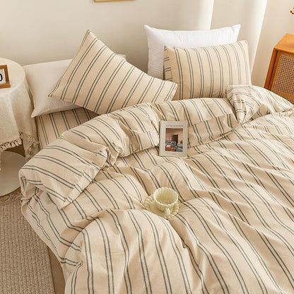 ECOCOTT Duvet Cover Full Size - Linen Feel Organic Natural 100% Washed Cotton, Soft Breathable & Durable Bedding Set, Comfy Stripe Design for All Seasons