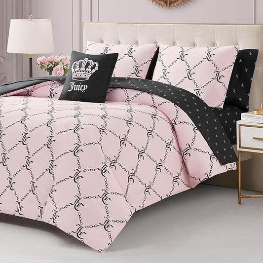 Juicy Couture Light Pink/Black Link Logo Printed Comforter Set, King – Complete 8-Piece Bed in a Bag Collection