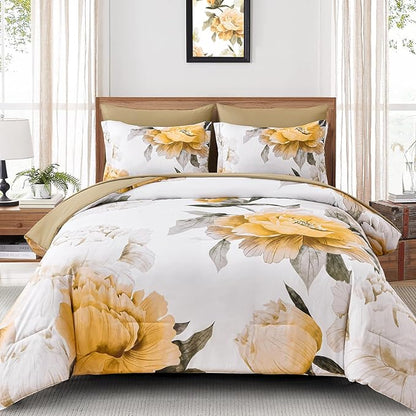 Dobuyly Yellow Comforter Set Queen Size 7 Piece Bed in a Bag, Yellow Floral Comforter Set with Sheets, Soft Microfiber Botanical Complete Bedding Set for All Season