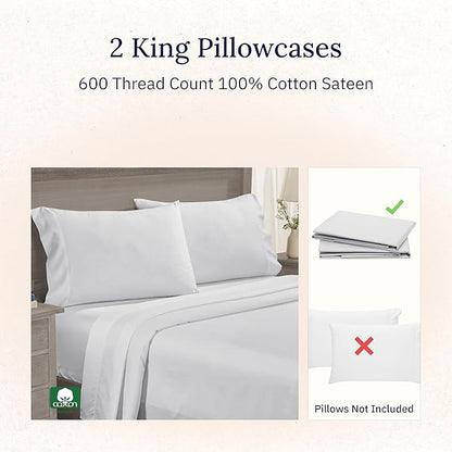 California Design Den Premium King Pillow Covers Set of 2-600 Thread Count Sateen, Natural 100% Cotton Pillow Cases King, Crisp, Durable Bedding - Light Silver