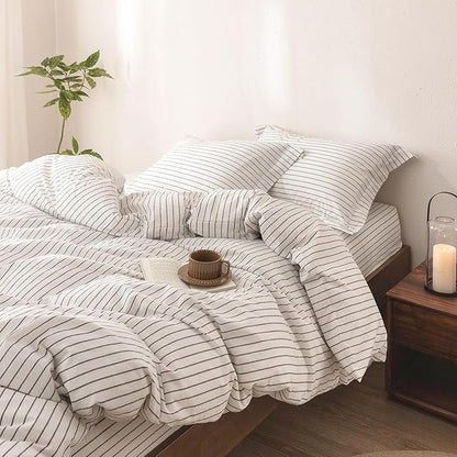Stripe Duvet Cover Twin Size 90inch x 68inch, 100% Washed Cotton Linen Feel Duvet Cover with Zipper Closure and 1 Pillowcases, Color of White-Dark Grey Stripe