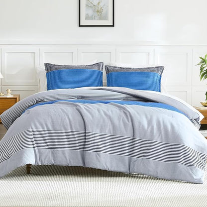 Litanika Bed Comforter Queen Set Grey Blue, Striped Bedding Set, 3 Pieces Lightweight Soft All Season Down Alternative Comforter and Pillowcases