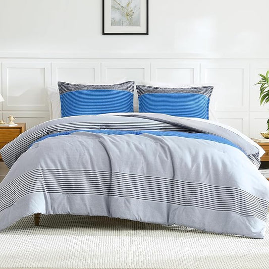 Litanika Bed Comforter Queen Set Grey Blue, Striped Bedding Set, 3 Pieces Lightweight Soft All Season Down Alternative Comforter and Pillowcases