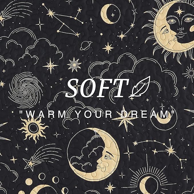 EXQ Home Quilt Set Twin Size Black Print 3 Piece,Lightweight Soft Coverlet Modern Style Sun Starry Pattern Bedspread Set(1 Quilt,1 Pillow Sham)