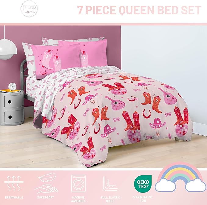 Jay Franco Kids Comforter Set Includes Sheets and Pillow Covers - Soft and Cozy Bed Set for Stylish Room Decor, Pink, Cowgirl Boots & Bows 7 Piece Queen Size Bedding