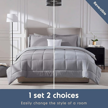 Nestl 7 Piece California King Comforter Set – Grey Lavender Reversible Bed in a Bag – Complete Cal King Size Bedding Set with Sheets, Pillowcases and Shams