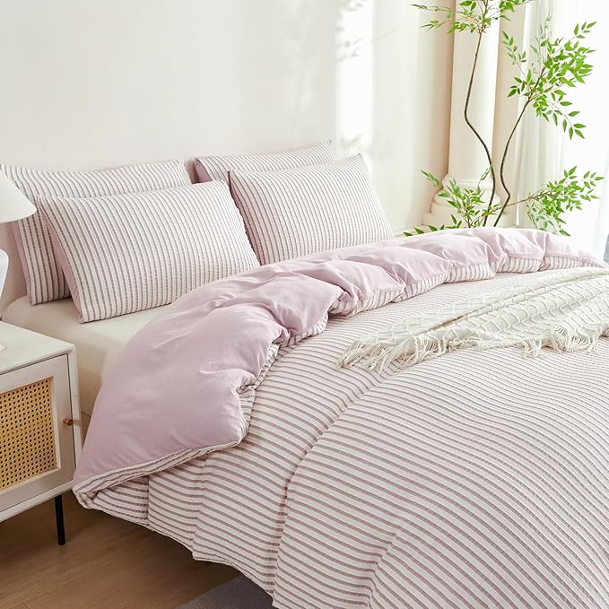 King Size Comforter Set Striped Light Purple Soft Luxury Washed Microfiber Jacquard 3 Pieces Bedding Purple Vertical Ticking Stripes Comforter with 2 Pillowcases Breathable Durable Comfy