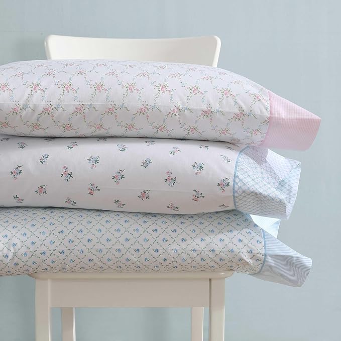 Laura Ashley - Sheet Set, Breathable Percale Cotton Bedding, 200 Thread Count, Deep Pocket, Chic Home Decor (Kate Blue, Queen)